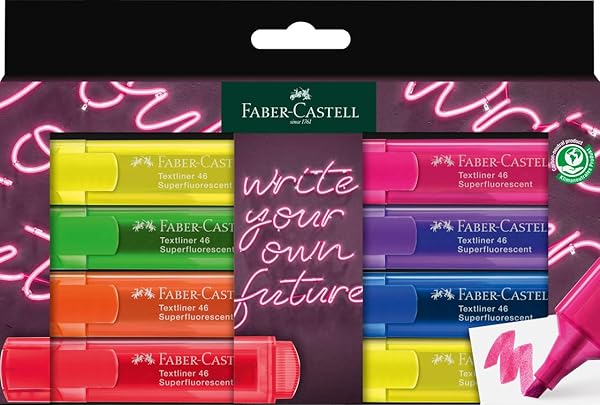 Faber-Castell Fosforlu Kalem Seti, 8’li, Şeffaf Renkler, Su Bazlı Mürekkep, Kesik Uç, 3 Farklı Çizgi Kalınlığı, Dayanıklı Mür