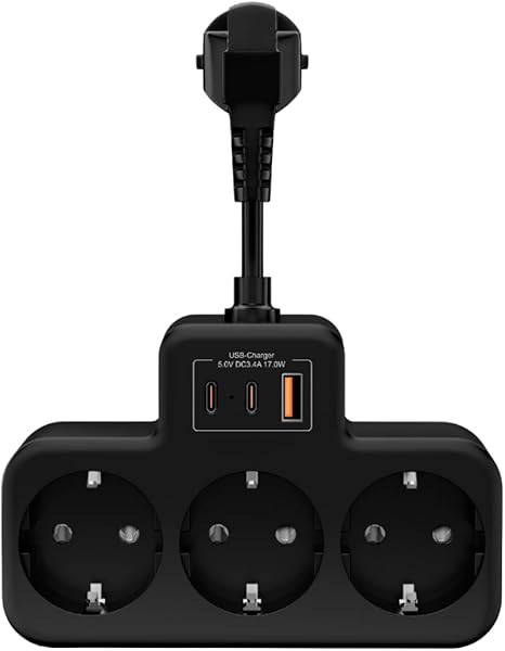 Vetech Akım Korumalı Grup Priz Duvar Tipi 3x Priz, 2x Type-C, 1x USB Port Çıkışlı Çoklu Priz (Siyah)