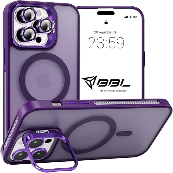 Babilden iPhone için Kılıf Kamera Korumalı Magsafe Wireless Şarj Özellikli Mat Şeffaf Renkli Standlı Kılıf (Lens Hediyeli) (M