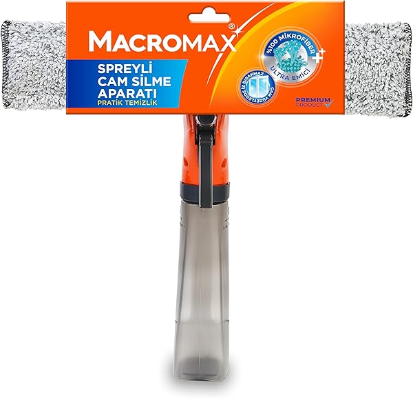 Macromax Spreyli Cam Silme Aparatı, 3'ü 1 Arada Çekpaslı ve Mikrofiberli Camsil, İz Bırakmaz