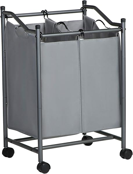 SONGMICS çamaşır ayırıcı, tekerlekli ve 2 bölmeli, çamaşır sepeti, çıkarılabilir çantalı çamaşır arabası, toplam kapasite 90 