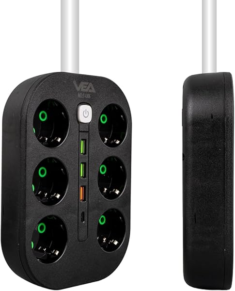 6'lı Anahtarlı Siyah Priz, 1.5 Metre Kablo, 3 x USB, 1 x Type-C PD Girişli, Grup Priz, 10ah Anahtarlı Priz, 2500W Güç, usbli,