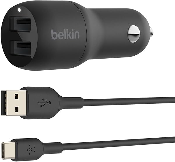 Belkin Çift USB Araç Şarj Cihazı 24 W + USB-C Kablosu (Boost Charge Çift Bağlantı Noktalı Araç Şarjı, 2 Bağlantı Noktalı USB 