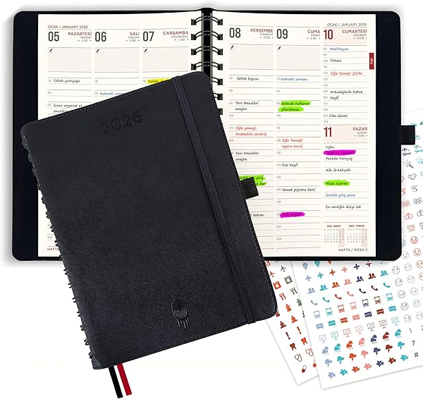 colortouch 2026 Ajanda, A5 Spiralli Deri Planlayıcı, 14 Aylık Akademik Ajanda, 30 Dakikalık Zaman Aralıklı Haftalık Aylık Gün