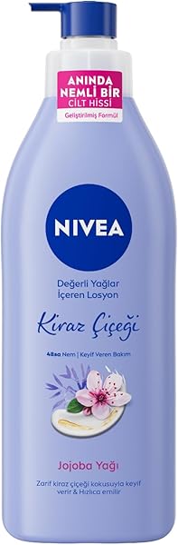 NIVEA Değerli Yağlar İçeren Vücut Losyonu Kiraz Çiçeği & Jojoba Yağı, 400 ml, Normal ve Kuru Ciltler için, 48 Saat Nemlendirm