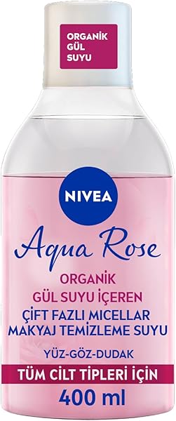 NIVEA Aqua Rose Organik Gül Suyu İçeren Çift Fazlı Makyaj Temizleme Suyu, 400 ml, Tüm Cilt Tipleri için, Yüz, Göz ve Dudak Te