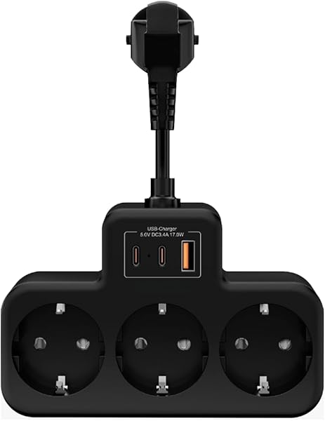 GüncelÇarşı Yüksek Voltaj Korumalı Priz, Duvar Tipi Kısa Kablolu Priz Çoğaltıcı, 3x Soket, 2x Type-C, 1x Usb, 16A, 3680W, 105