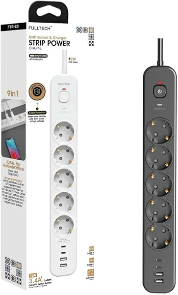 Akım Korumalı Priz, 5'li Priz Soketi, 5x Fiş Soketi, 2x Usb Girişi, 2x Type-C Girişi, Isıya Dayanıklı Yapı, 2 Metre Kablo Uzu