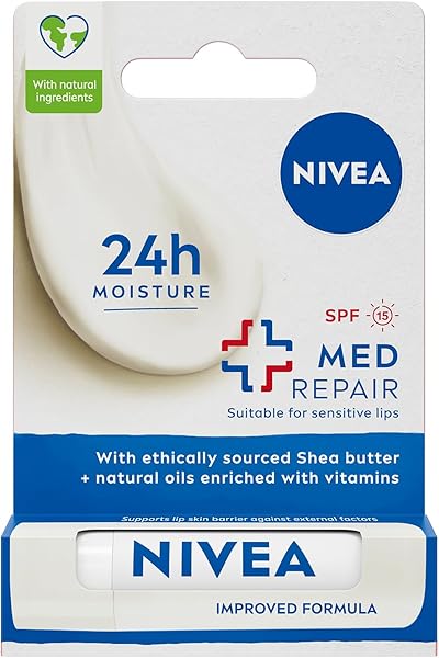 NIVEA Med Repair Dudak Bakım Kremi, 24 Saat Nem,Doğal Yağlar ile Çatlamış Dudak Bakım,SPF 15 (4,8 ml)