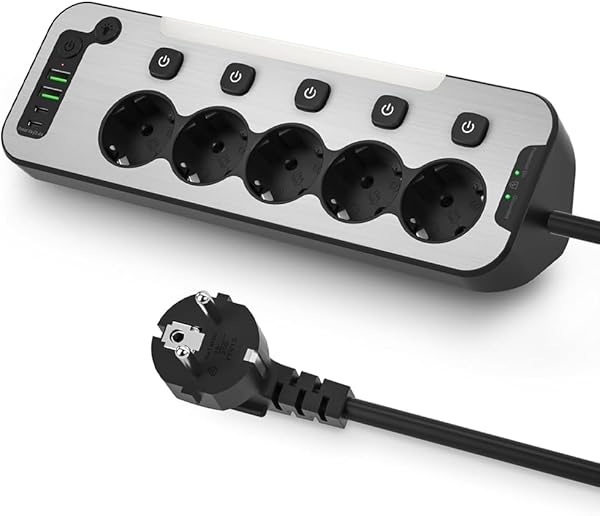 Aksesuarcı Bağımsız Anahtarlı 5'li Işıklı Akım Korumalı Çoklu Priz 4000W, 2x USB - 2x Type-C Giriş, Metal Ön Panel Uzatma Kab