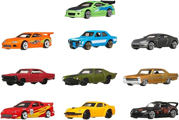 Hot Wheels oyuncak araba, Fast & Furious temalı 10'lu paket, 1:64 ölçekli, özel süslemelere sahip, Fast & Furious filmlerinde