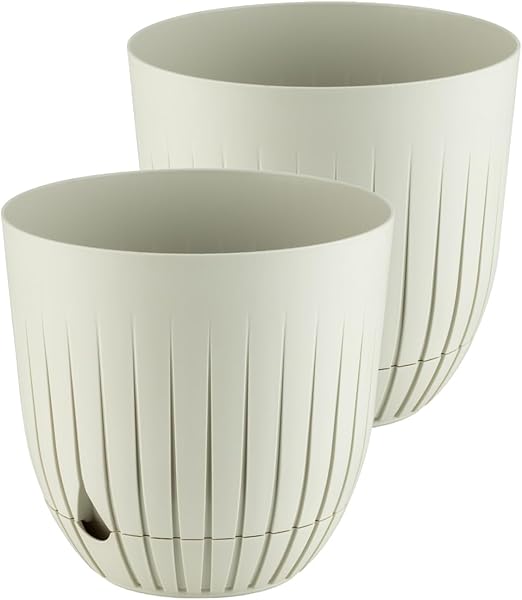 2 Adet Çizgi Saksı Seti Tabaklı Delikli Plastik Çiçek Saksısı Set (Krem, 5 Litre)