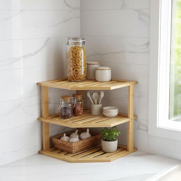 Deconox 3 Katlı Doğal Bambu Köşe Rafı - Tezgah Üstü Mutfak ve Banyo Düzenleyici | Baharatlık, Kavanoz ve Dekoratif Rafı (24.5