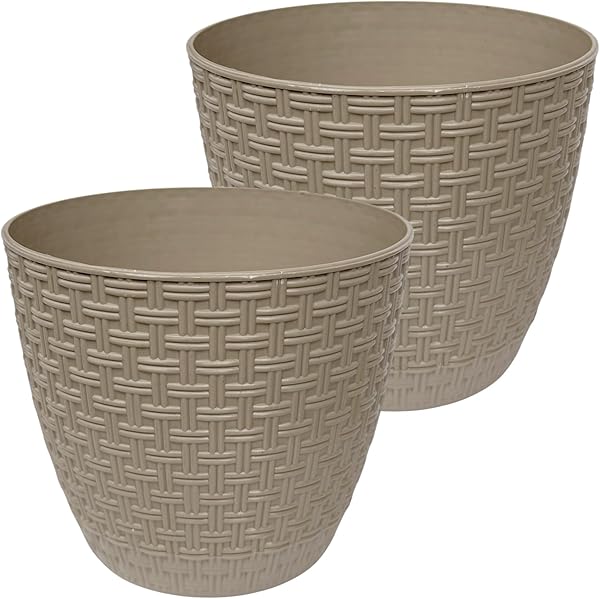 2 adet Rattan Saksı 1,6 lt Gizli Tabaklı Hasır Desenli Çiçek Saksısı 15x13 cm Krem