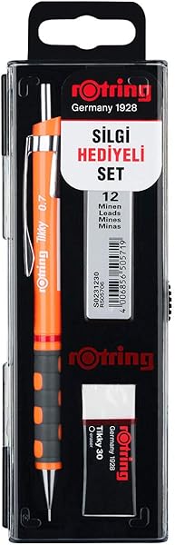 rOtring Tikky Mekanik Kurşun Kalem, Uç ve Silgi Seti, 0,7 mm Kalem, 2B Uç, Orta Boy Silgi, Neon Turuncu, 3'lü Set