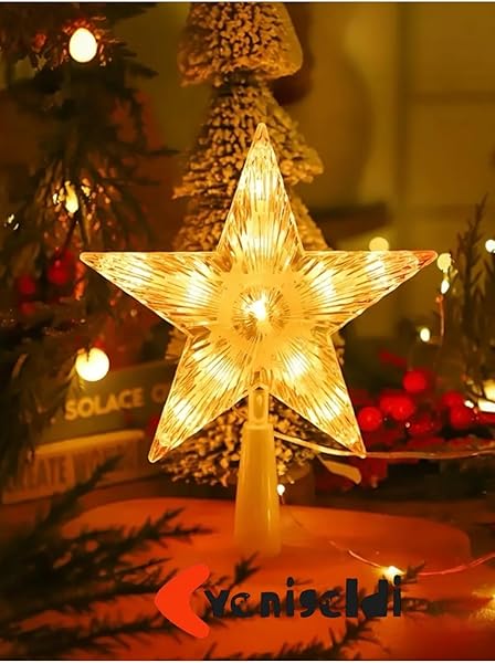 Yenigeldi Pilli Led Işıklı (Günışığı) Tepe Yıldızı, Çam Ağacı Yıldızı Yılbaşı Süs, Şeffaf