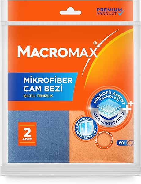 Macro Max Mikrofiber Cam Bezi 2'li Set, Mikrofilament Teknolojisi ile Leke ve İz Bırakmaz Ayna Bezi