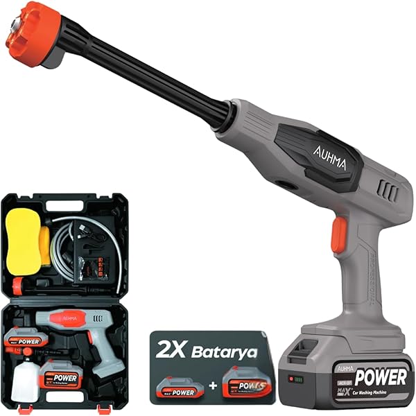 NPO AUHMA ACR07 Reel 203PSI Çift Akülü Yeni Nesil Motor 12 Parça Profesyonel Oto Yıkama Tabancası (Gri/Siyah/Turuncu)