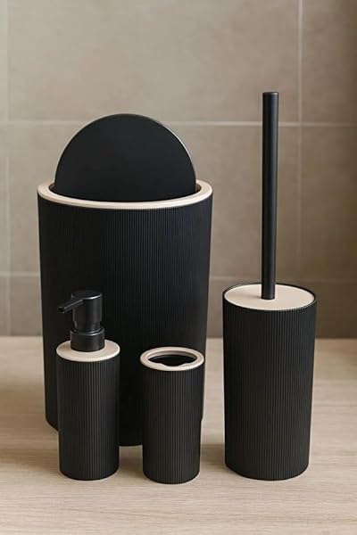ARVALE Quardi Banyo Seti Modern Çizgili - 7 litre Kova 4 Parça Banyo Çöp Kovası Seti (Siyah)