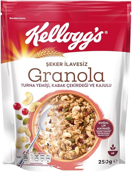 Kellogg's İlave Şekersiz Granola Kajulu, Kabak Çekirdekli ve Turna Yemişli 250 G,%43 Yulaf içerir,Lif Kaynağı,Kahvaltılık