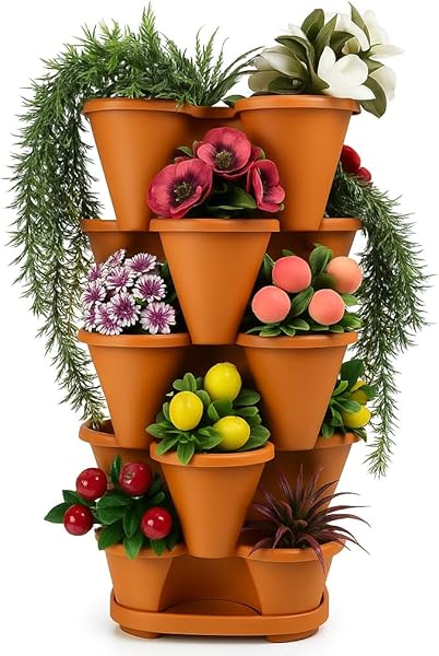 5 Katlı Şanslı Yonca Kule Saksı Seti Çiçek Bitki Sebze Meyve Salon Mutfak Banyo Bahçe Saksı Seti Koyu Kahverengi