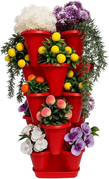 5 Katlı Şanslı Yonca Kule Saksı Seti Çiçek Bitki Sebze Meyve Salon Mutfak Banyo Bahçe Saksı Seti (Kırmızı)