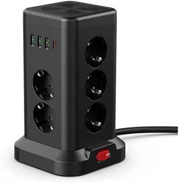 SMAYLİNG 11'li Akım Korumalı Priz Kulesi | 3 USB-A + 1 Type-C Çıkışlı, Hızlı Şarj, 3680w Güç, Anahtarlı Uzatma Kablosu