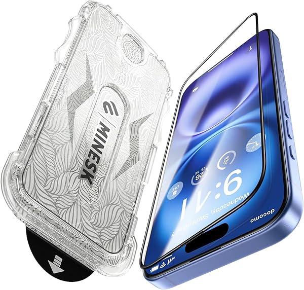 Minesk iPhone 15 ve 16 ile Uyumlu Hizalama Aparatlı ve Takılırken Camın Altında Kesinlikle Toz Bırakmayan Darbelere Karşı Eks
