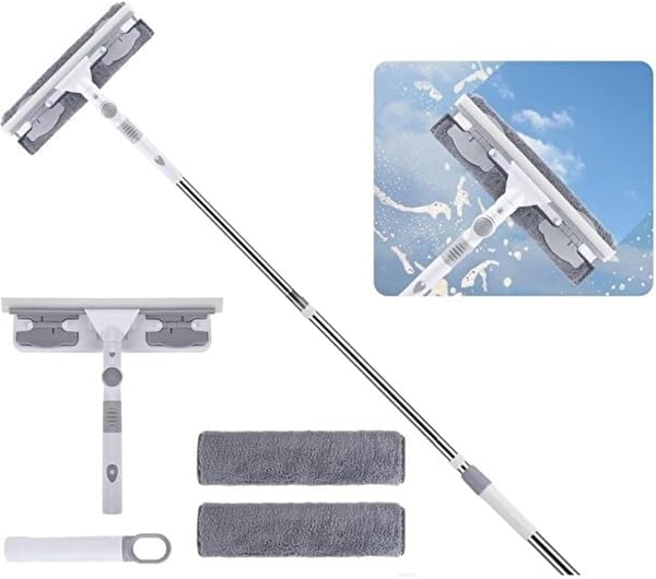 Mikrofiber Cam Silme Mopu Aparatı Profesyonel Set 360 Derece Oynar Başlıklı Mikrofiber , Çekçekli Teleskopik Cam Silme Aparat