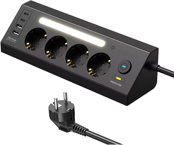 SMAYLİNG Akım Korumalı Çoklu Priz | 4 Priz Girişi + 2 USB-C + 2 USB-A Çıkışı | 2 Metre Kablo | LED Işıklı | Hızlı Şarj ve Güv