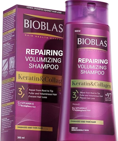 Bioblas Kolajen & Keratin Şampuan – Saç Dökülmesine Karşı, Onarıcı ve Dolgunlaştırıcı Etki, Bitkisel Kompleks B19, 360 ml
