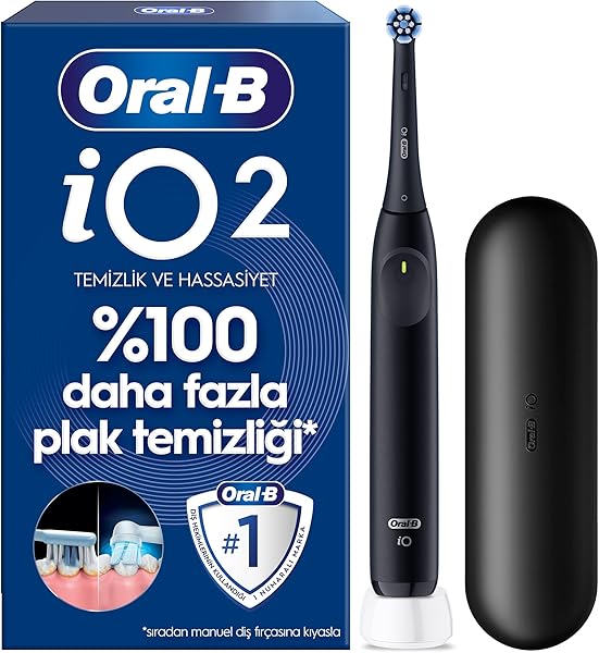 Oral-B iO2 Siyah Şarjlı/Elektrikli Diş Fırçası, 1 Fırça Başlığı, Tek Şarjda 4 Haftaya Varan Kullanım, Seyahat Kabı