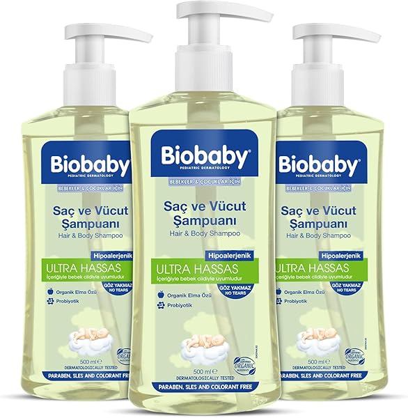 Biobaby Ultra Hassas Bebek Şampuanı – Saç ve Vücut İçin, Prebiyotik & Alman Papatyası, Organik İçerikli, 3’lü Set (500 ml x 3