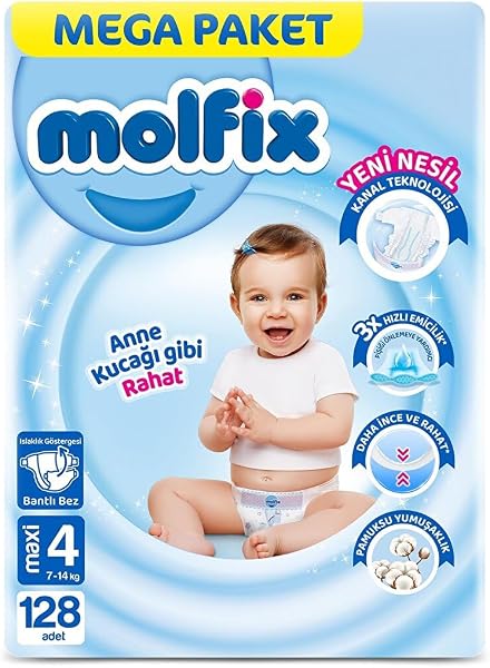 Molfix Mega Paket Bebek Bezi, Beden 4, 7-14 kg, 116+12 Adet, Bantlı, Kalın Teknolojili, Hızlı Emici