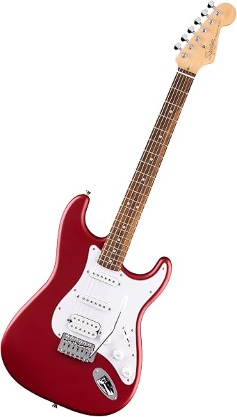 Squier by Fender Debut Collection HSS Stratocaster elektro gitar, Laurel klavye, beyaz vuruş tahtası, Dakota kırmızısı