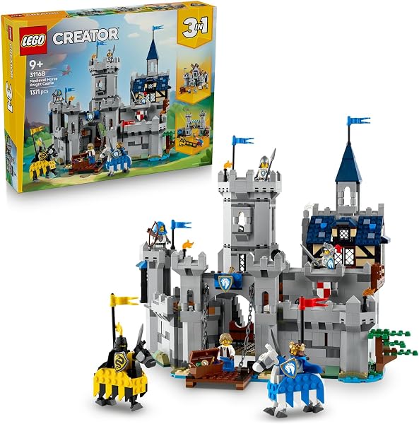 LEGO Creator 3'ü 1 Arada Orta Çağ Atlı Şövalye Kalesi 31168-9 Yaş ve Üzeri Çocuklar için Hem Cirit Seti Hem de Kasaba Olarak 