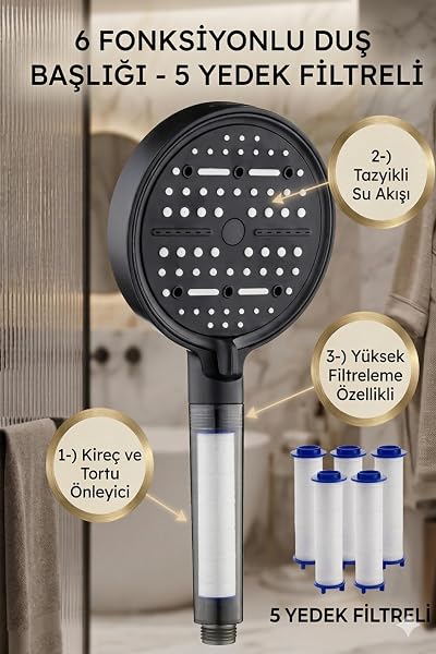 Ahlez Nova Filtreli Duş Başlığı, Siyah, 6 Fonksiyonlu, Yüksek Basınçlı, Klor ve Kireç Önleyici, 5 Yedek Filtre Dahil