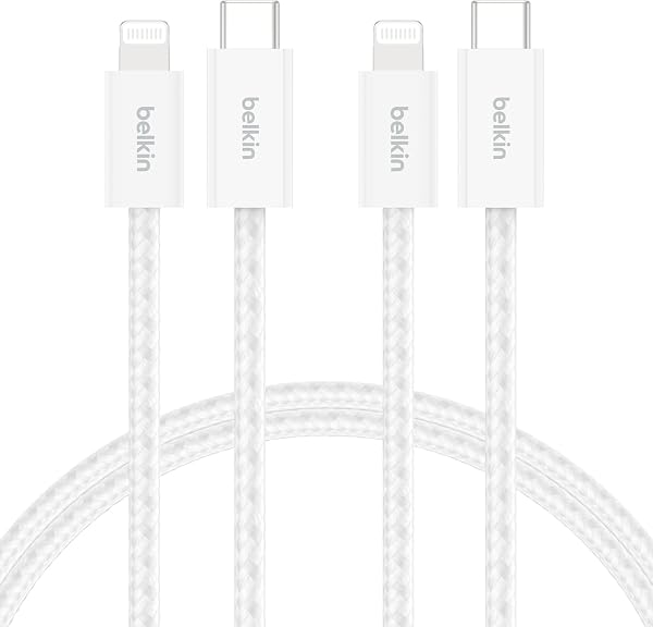 Belkin 2'li Örgülü USB-C - Lightning Kablo, 1,5 m, Yumuşak, Esnek ve Hızlı Şarj Kablosu, iPhone 14 ve Önceki Modeller, 9. Nes