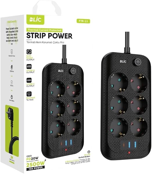Akım Korumalı Priz, 6x Priz Soketi, 2x Usb Girişi, 1x Type-C Girişi, Tasarruflu Uzatma Kablosu, Çocuk Korumalı Adaptör (2 Met