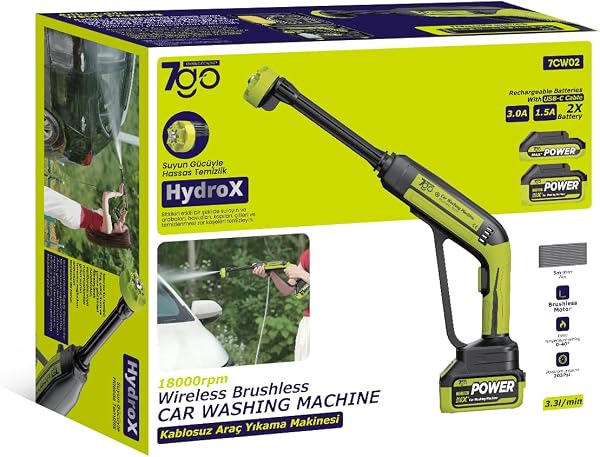 7GO 7CW02 Akülü Şarjlı Yüksek Basınçlı Araç ve Bahçe Yıkama Temizleme Tabancası 18000 RPM Fırçasız Motor 203 PSI Maksimum Bas