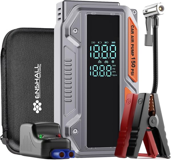 Enshall 10.000mAh Jump Starter Akü Takviyeli 1000A Tepe Akımlı Araç Lastik Şişirme Hava Kompresörü