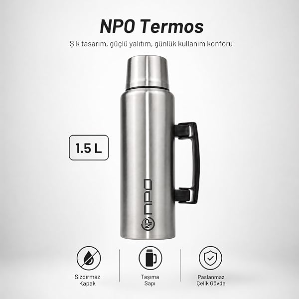 NPO NT01 1.5L Çift Katmanlı Vakum Teknolojili 24H Sıcak 48H Soğuk 72H Buzlu Koruma Çelik Termos