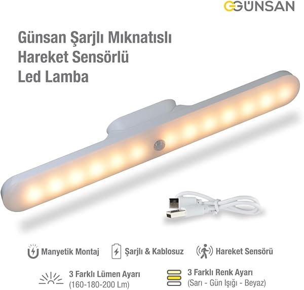 Günsan Şarjlı Mıknatıslı Hareket Sensörlü Led Lamba - Dolap İçi, Mutfak, Kitaplık, Tezgah Altı Aydınlatma - 3 Renk Modu - Dim