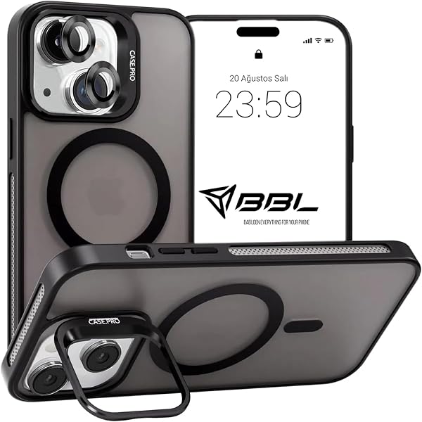 Babilden iPhone 15 İçin Kılıf Kamera Korumalı Magsafe İle Uyumlu Kablosuz Şarj Özellikli Mat Şeffaf Renkli Standlı Lens Hediy