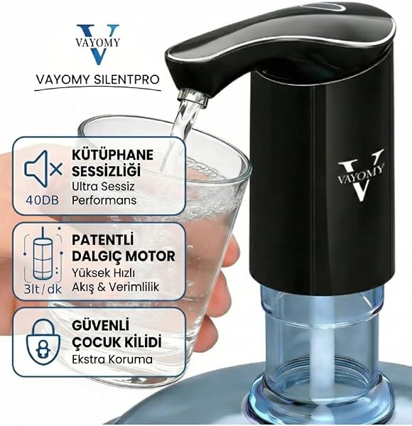 Vayomy Silentpro Sessiz Şarjlı Otomatik Damacana Su Pompası, Dalgıç Motor, Yüksek Hızlı Dolum, BPA içermeyen, Çocuk Kilidi