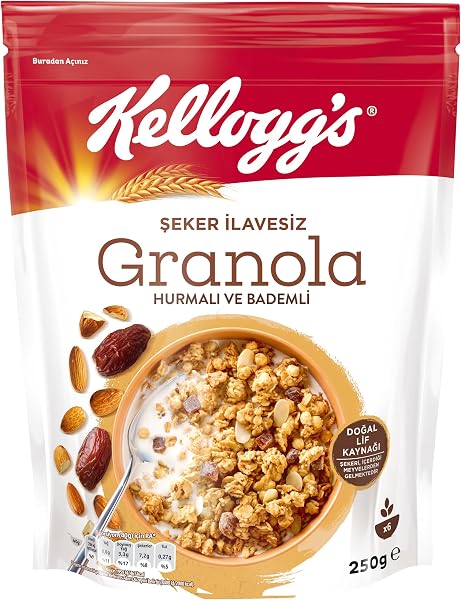 Kellogg's İlave Şekersiz Granola Hurmalı ve Bademli 250 G,%43 Yulaf içerir,Lif Kaynağı,%10 Hurma içerir