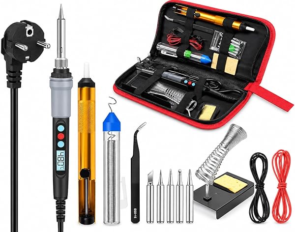 Wellhise S90 90W Çantalı, Ayarlanabilir Sıcaklıklı Havya Lehim Seti, 5 Havya Ucu, Lehim Pompası, Lehim Teli, Stand ve Cımbız