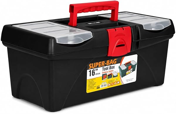 Super Bag 16 İnç Plastik Takım Çantası, Organizer Bölmeli Alet Çantası, Kilitli El Aleti Saklama ve Taşıma Kutusu, Ev Garaj A