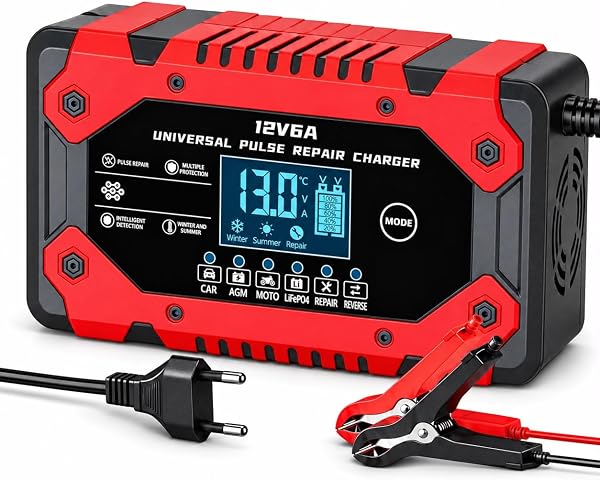 Enshall 12V 6A Akıllı Hızlı Akü Şarj Cihazı - LiFePO4, Jel, AGM ve Kurşun Asit Akü Şarjör ve Onarım Cihazı (Araba, Kamyon, Mo