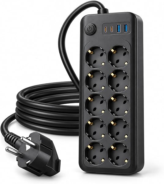 Babilden 5 Metre Termal Akım Korumalı 10'lu Priz Çoklayıcı, 2 USB 2 Type-C Girişli 16A 4000W Onlu Dönüştürücü Uzatma Kablosu 